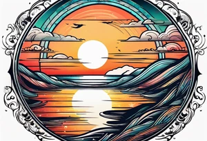 Circle shape, inside sunset and ocean drawing with retro look tattoo idea