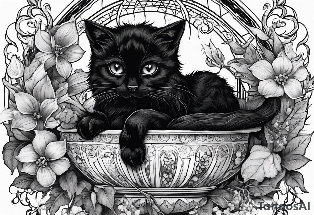 Ethereal witchy garden black cat spider black wudow tattoo idea