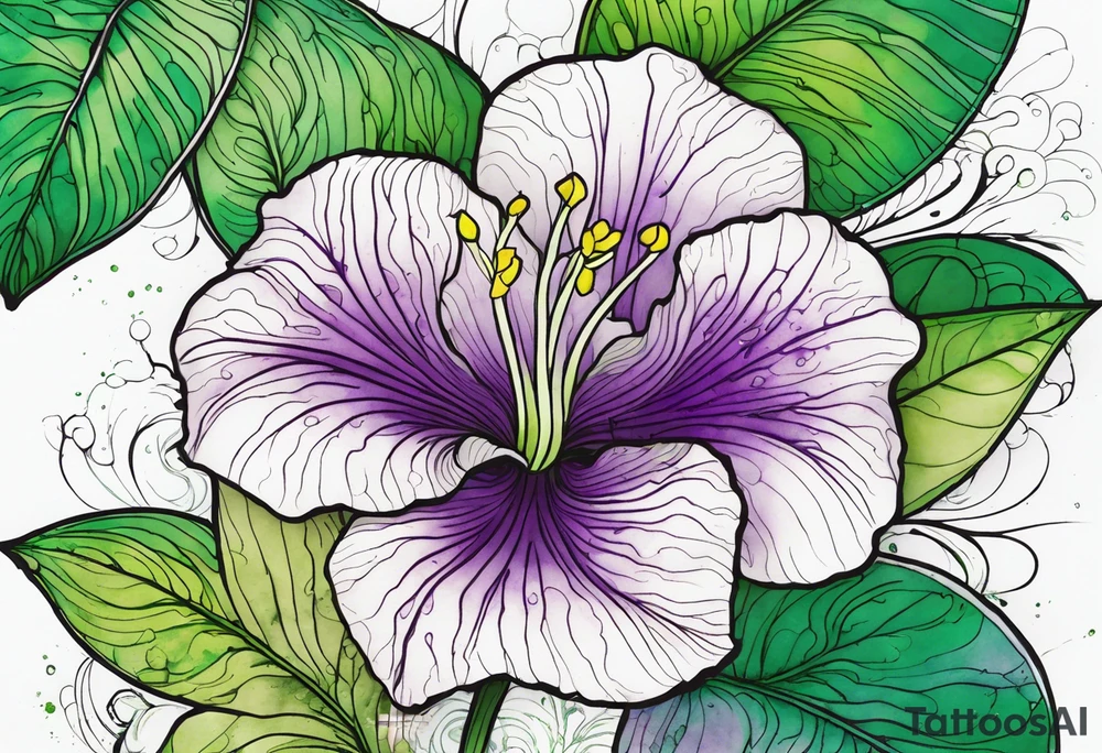 An outline of an only green rio dipladenia flower and a green and purple watercolor splash in the background tattoo idea