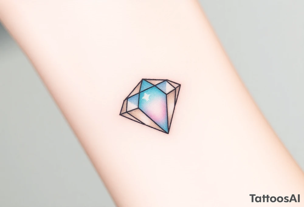 A small, geometric diamond outline with thin black lines, filled with soft gradients of light blue and pale pink, giving the illusion of sparkle and depth. The design is crisp and clean, symbolizing timeless elegance and strength. The colors should be subtle, with the diamond glowing softly in a minimalist style. tattoo idea