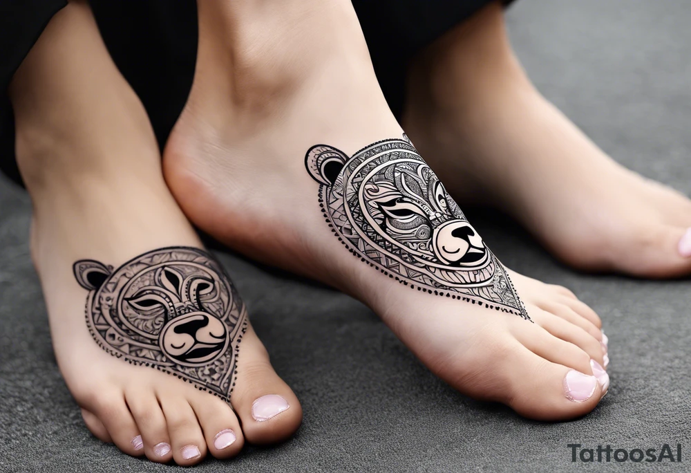 A foot long 2.5inches wide portrait orientation tattoo, containing a detailed hippo head with tribal patterns in the middle, a full moon on the upper side, and some wintersweet flowwer on the bottom side, these three components are connected with arches, lines, little geometric patterns, the lines will ne fine and narrow tattoo idea