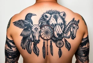 Native American 3/4 arm sleeve with black and grey realism featuring a raven, wild horses, a grizzly with scars over his eyes, and a dream catcher tattoo idea