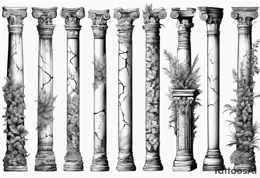 Ancient roman pillar in the Ionian style. It has cracks on it, and on the lower half some overgrown plants. It is broken halfway. tattoo idea