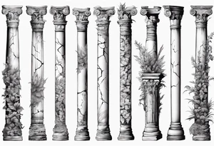 Ancient roman pillar in the Ionian style. It has cracks on it, and on the lower half some overgrown plants. It is broken halfway. tattoo idea