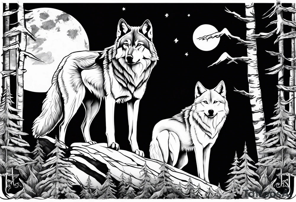 Mountain peaks
Two wolves sitting at end of trail
Moon
Dark woods tattoo idea
