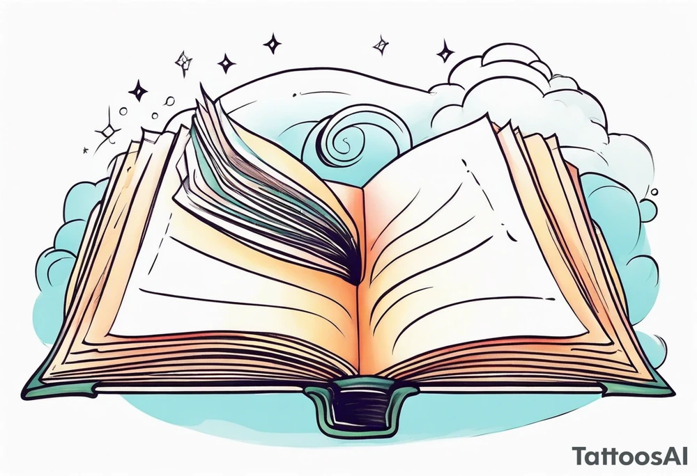 Open book, fantasy coming to life from inside, whimsical, small tattoo idea