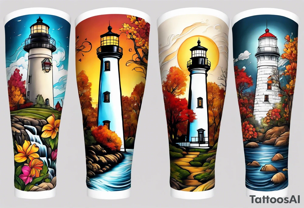 Arm sleeve with fall colors, various flowers, water flow, water splash, light house tattoo idea