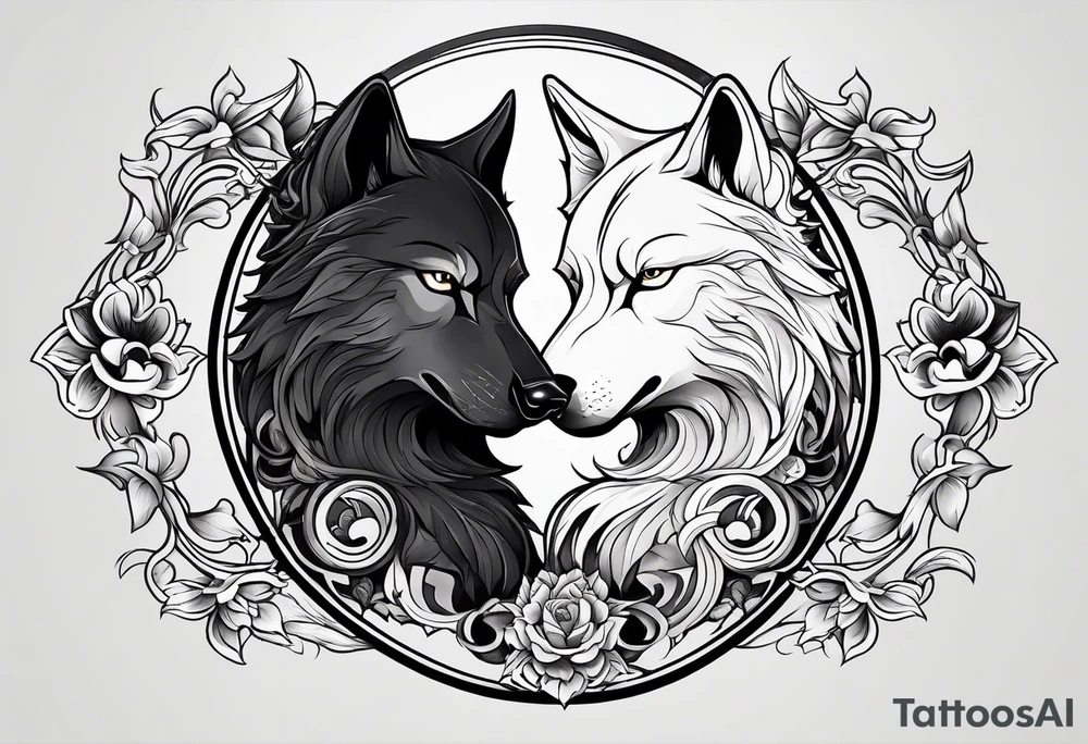 black wolf and white wolf in a ying yang style tattoo idea