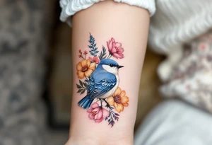 Puffy bluebird surrounded by wild flowers tattoo idea