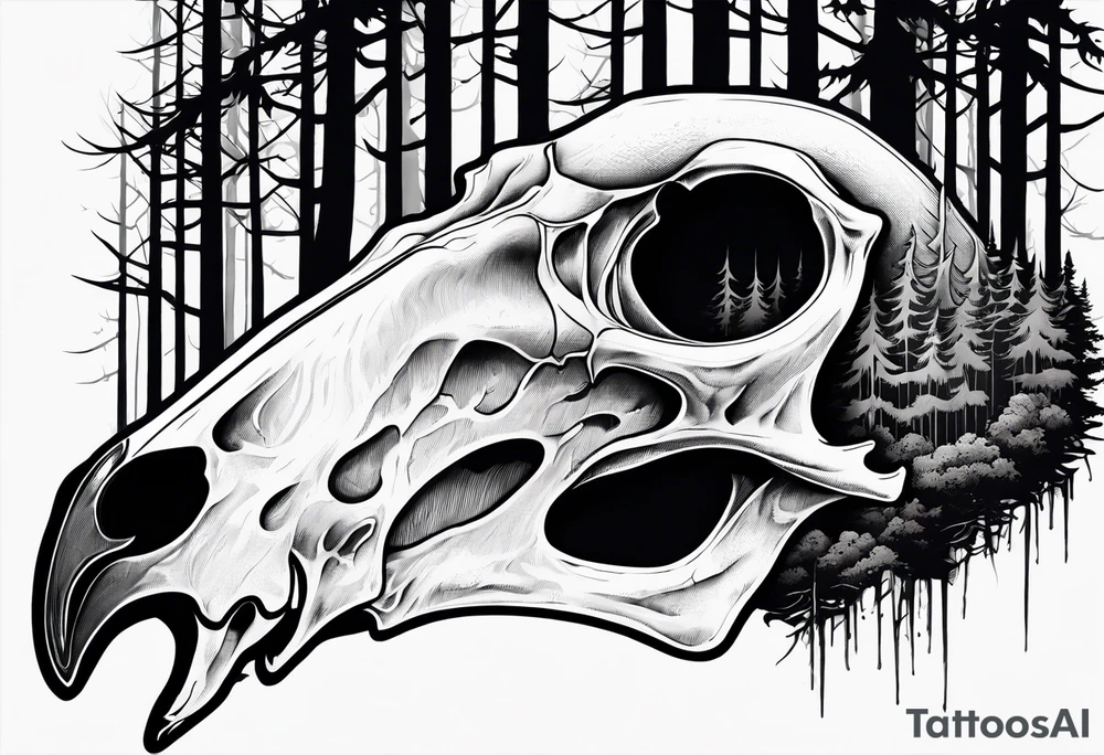 A frightening horror DECAYING deer skull JUST BONE side profile surrounded by a forest fire in background tattoo idea
