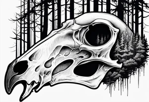 A frightening horror DECAYING deer skull JUST BONE side profile surrounded by a forest fire in background tattoo idea