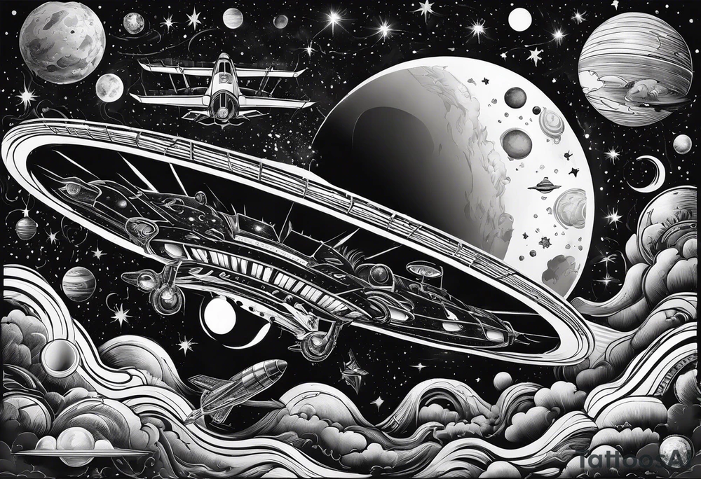 space themed arm sleeve with aliens ufos airplanes and rockets tattoo idea