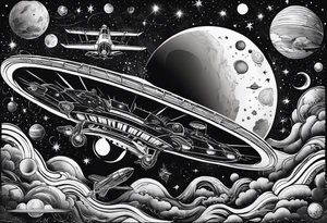space themed arm sleeve with aliens ufos airplanes and rockets tattoo idea