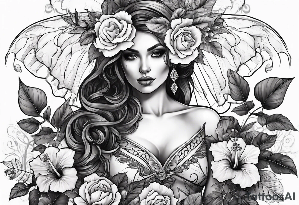 a full body female skeleton with hibiscus flower. tattoo idea