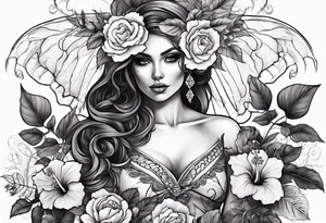 a full body female skeleton with hibiscus flower. tattoo idea