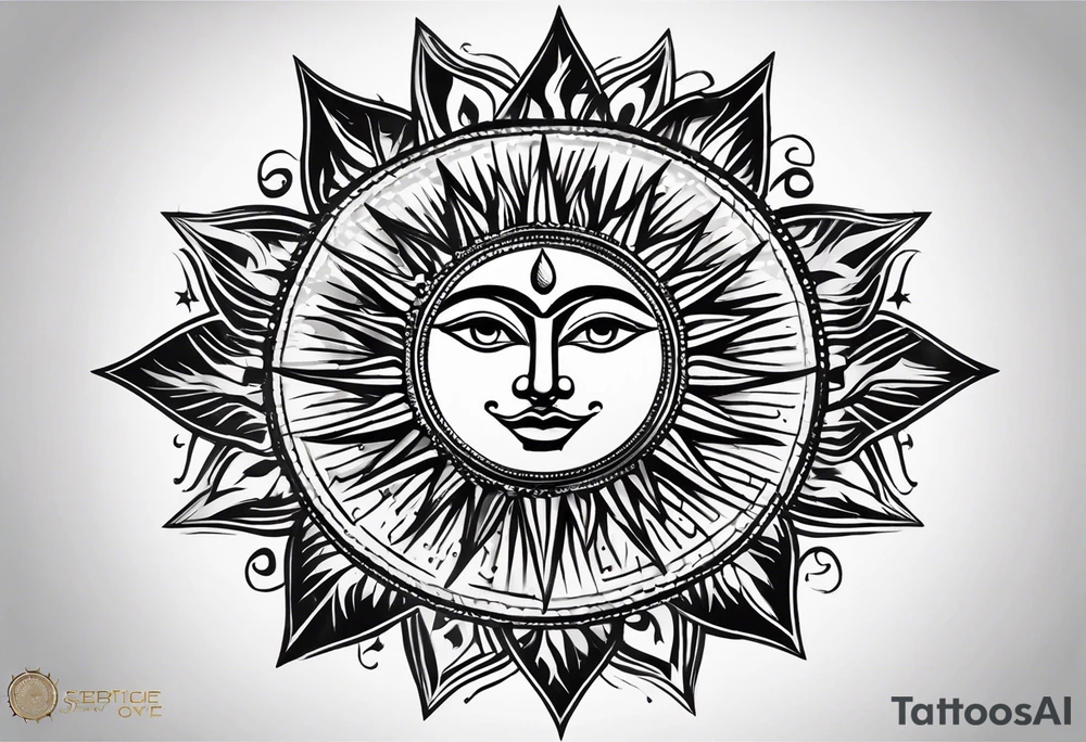 A symmetrical tattoo designed for the knee, featuring a sun with an eccentric, expressive face at the center. The sun’s rays extend sharply in a pointed, flame-like pattern, resembling heat waves, reaching downward toward the shin and upward above the knee. The design should have a dynamic and bold composition, with flowing yet angular lines that emphasize movement and symmetry. tattoo idea