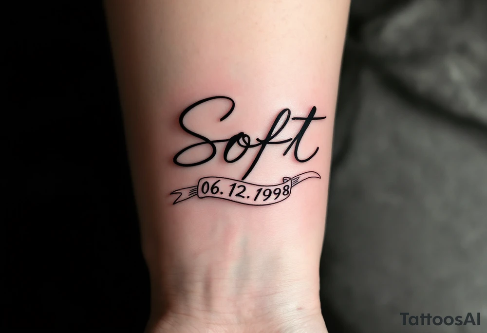 Soft 06.12.1998 in gray cursive with pale lilac linework forming a ribbon below it. tattoo idea