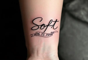 Soft 06.12.1998 in gray cursive with pale lilac linework forming a ribbon below it. tattoo idea