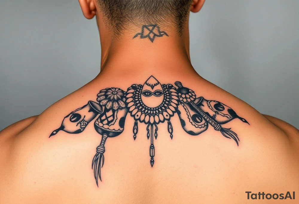 A picture of the lucayan people and things representing their culture in color . As an arm sleeve tattoo idea