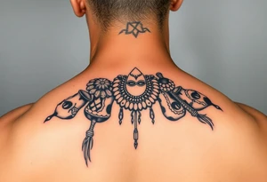 A picture of the lucayan people and things representing their culture in color . As an arm sleeve tattoo idea