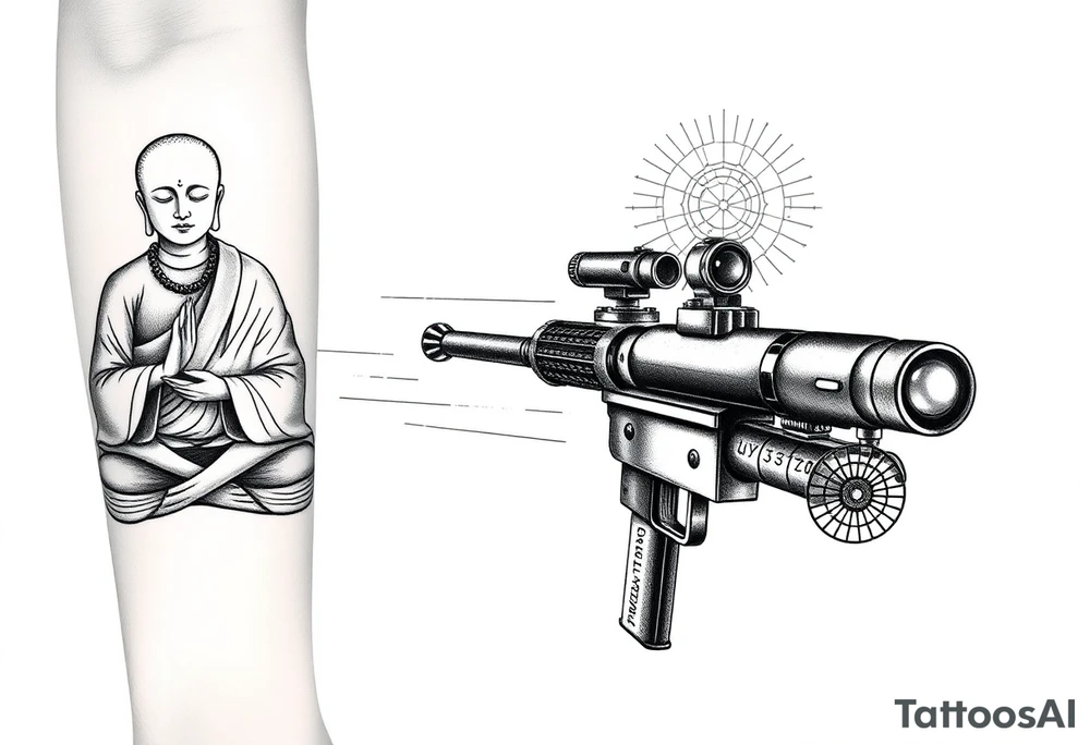 "Black ink tattoo fusing war and enlightenment:  
1. LEFT SIDE: Hyper-detailed Buddhist monk in lotus pose (dotwork shading)  
2. RIGHT SIDE: Maxim M1910 machine gun (geometric outline)  
3. TRANSITION ZONE:  
   - Monk's robes dissolve into bullet belts  
   - Prayer beads become ammunition links  
   - Third eye aligns with gun sights  

Key details:  
- Mirror embedded in gun's scope (reflects wearer's eye)  
- Micro-text along barrel: *"Пустота стреляет"* (0.3mm font)  
- Mandala-shaped muzzle flash  

Style: Neo-tribal meets ukiyo-e. Size: 15cm forearm sleeve. No colors." tattoo idea