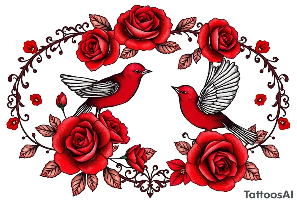 Vintage lace, red roses, red birds, vintage, wrap around, tighter together, no space open tattoo idea