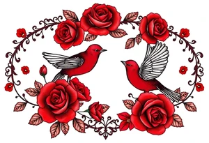 Vintage lace, red roses, red birds, vintage, wrap around, tighter together, no space open tattoo idea