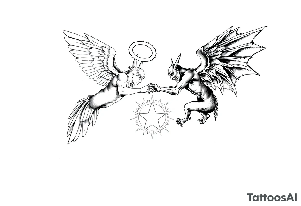 white angel and black devil flying at each other, fighting over a halo tattoo idea