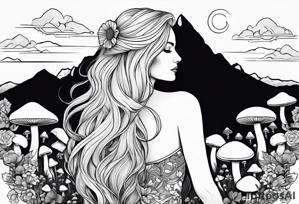 Blonde long straight hair older woman no makeup surrounded by mushrooms facing away mountains crescent moon background tattoo idea