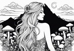 Blonde long straight hair older woman no makeup surrounded by mushrooms facing away mountains crescent moon background tattoo idea