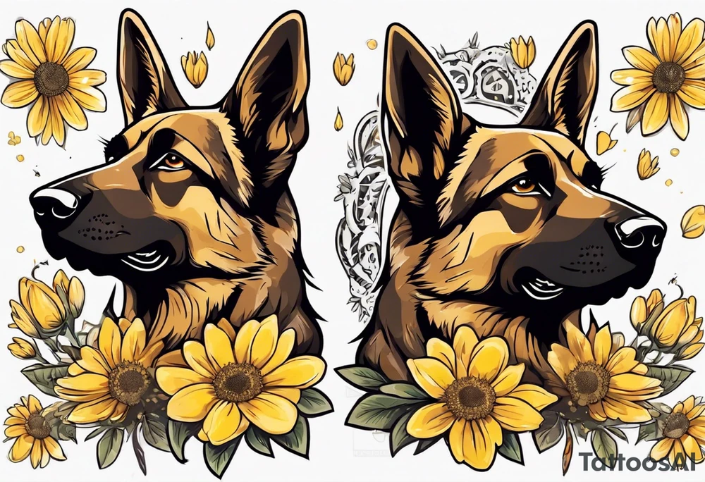 Brown German shepherd portrait surrounded by yellow daisies tattoo idea