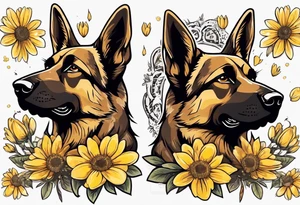 Brown German shepherd portrait surrounded by yellow daisies tattoo idea