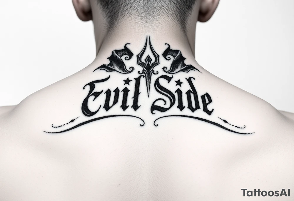 Bold cover up saying Evil Side from ear to ear on front of neck black and white tattoo idea