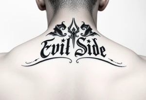 Bold cover up saying Evil Side from ear to ear on front of neck black and white tattoo idea
