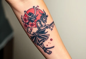 Samurai in fighting position with a cherry blossoms and a pagola in the background tattoo idea