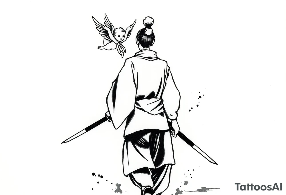"Blackwork tattoo sketch of a lone samurai walking forward, shown in dramatic silhouette style. The samurai wears traditional kimono and hakama, holding a katana in one hand with the blade pointing downward. Behind him floats a small child angel with detailed feathered wings, gently touching the samurai’s back with one hand, as if stopping or guiding him. Strong contrast, dynamic ink splatter, rough brush strokes, Japanese sumi-e vibe, emotional and symbolic composition, high detail linework, no background." tattoo idea