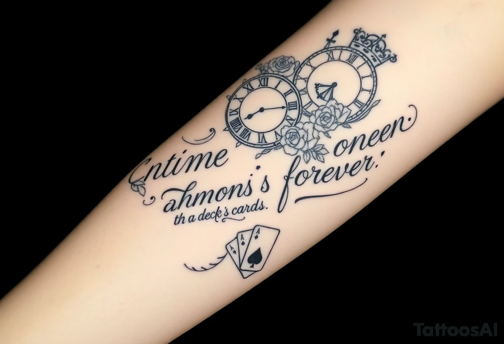 Roman clock with roses and a crown,  a quote that says nothings forever. and on the bottom a deck of cards tattoo idea