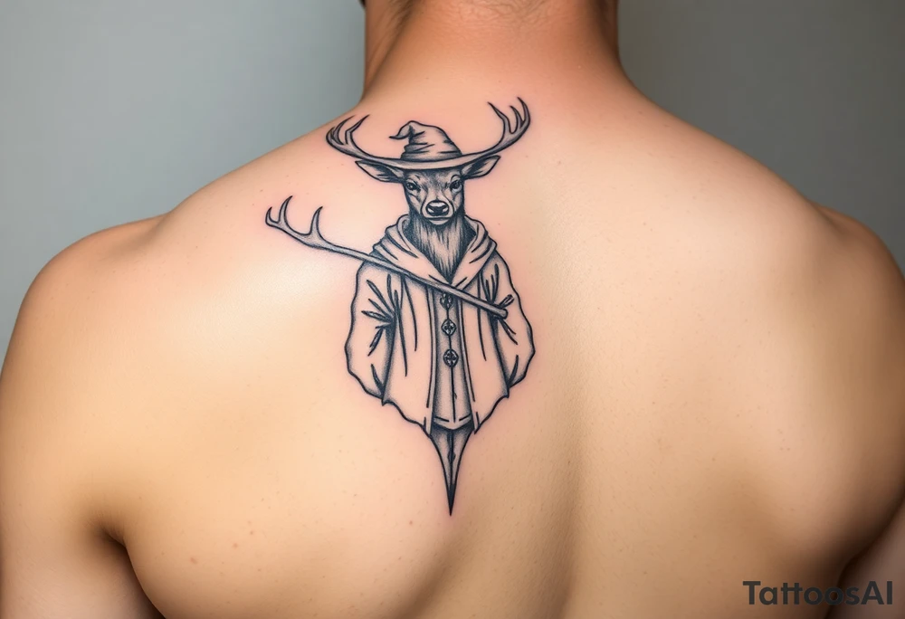 deer wearing wizards clothes and hat tattoo idea
