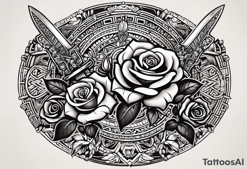 Design a masculine tattoo depicting three delicate rose buds being embraced and protected by a pile of Aztec weapons. The weapons should include elements such as the macuahuitl (Aztec sword-club), obsidian blades, and shields, arranged in a way that forms a protective circle or embrace around the roses. Carve the entire image as if it were a stone sculpture by an ancient Aztec artist, with the texture resembling intricately detailed stone carvings. The roses should be slightly softer but still stylized in stone, giving the entire tattoo a powerful, yet artistic and ancient feel. Use bold, sharp lines to capture the essence of Aztec craftsmanship tattoo idea