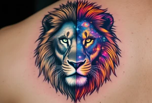 A realistic lion face is split down the middle, one half in grayscale and the other filled with Leo’s star constellation and colorful galaxies. tattoo idea