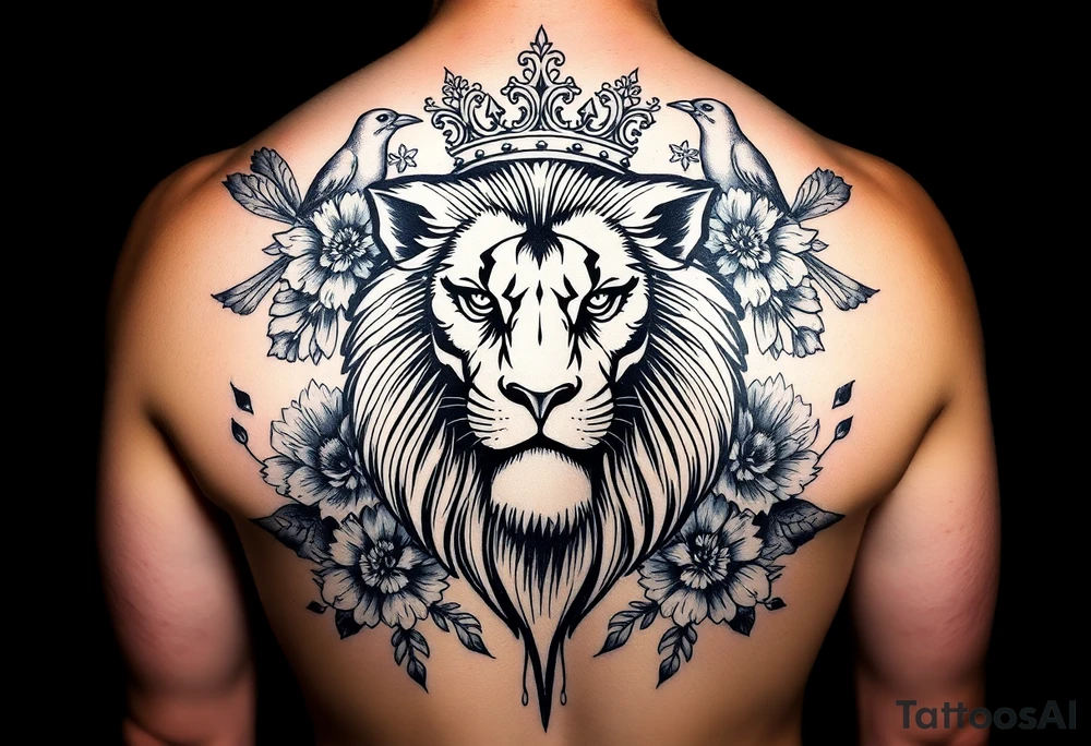 powerful majestic lion with a crown, surrounded by floral ornaments and birds tattoo idea