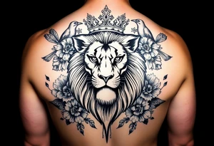 powerful majestic lion with a crown, surrounded by floral ornaments and birds tattoo idea