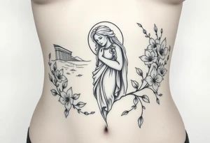 large tattoo that includes greek themed scenery and a greek goddess and also features lily flowers and dainty vines tattoo idea