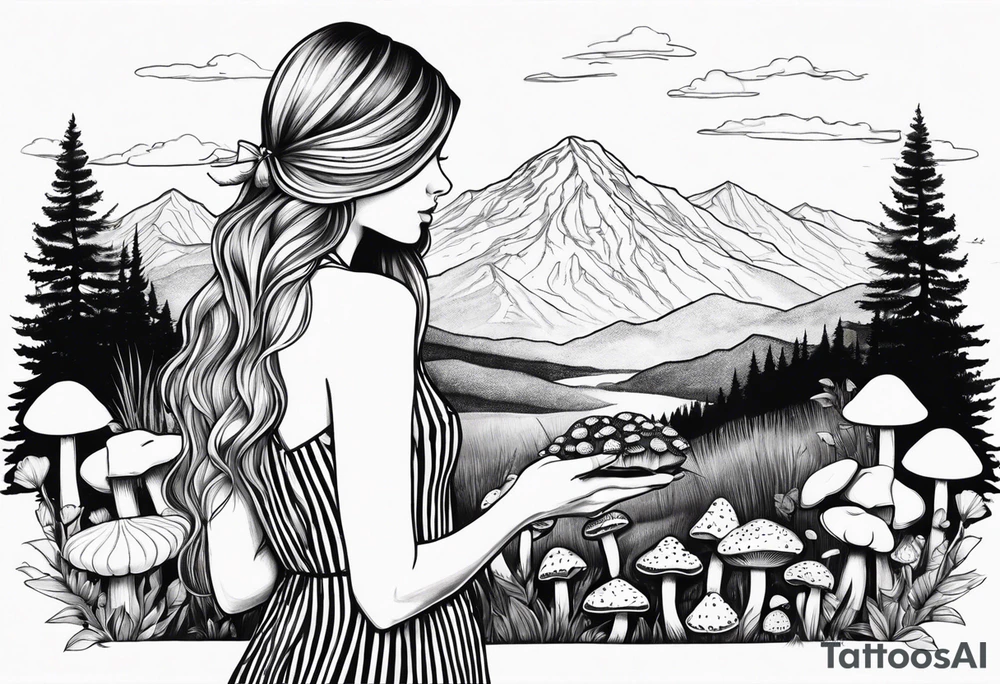 Straight long blonde hair girl in distance holding mushrooms in hand facing away toward mountains surrounded by mushrooms black and white striped dress tattoo idea
