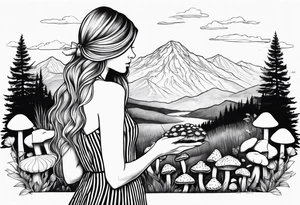 Straight long blonde hair girl in distance holding mushrooms in hand facing away toward mountains surrounded by mushrooms black and white striped dress tattoo idea
