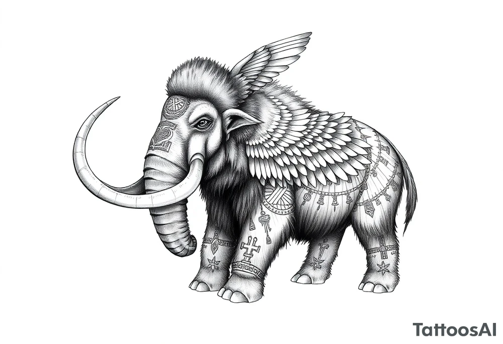 A horned woolly mammoth with ears that resemble the wings of a falcon and covered in Egyptian symbolism tattoo idea