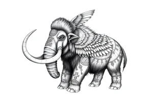 A horned woolly mammoth with ears that resemble the wings of a falcon and covered in Egyptian symbolism tattoo idea