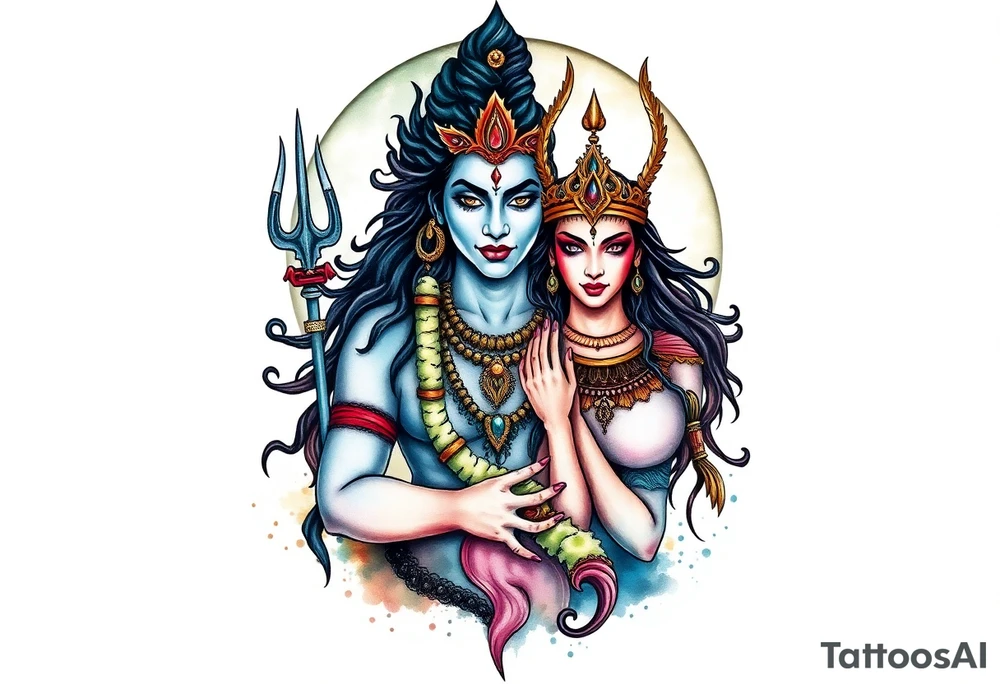 Lord Shiva, Godess Kali, Godess Lilith Together with the moon in the background tattoo idea