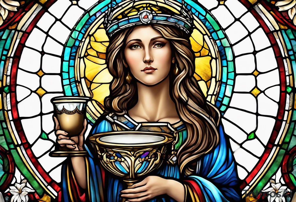 holy saint woman with halo stained glass holding a chalice with artillery tattoo idea