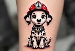 A Dalmatian wearing a firefighter’s red helmet, sitting proudly with a playful yet heroic expression, in realistic black and white tones. tattoo idea